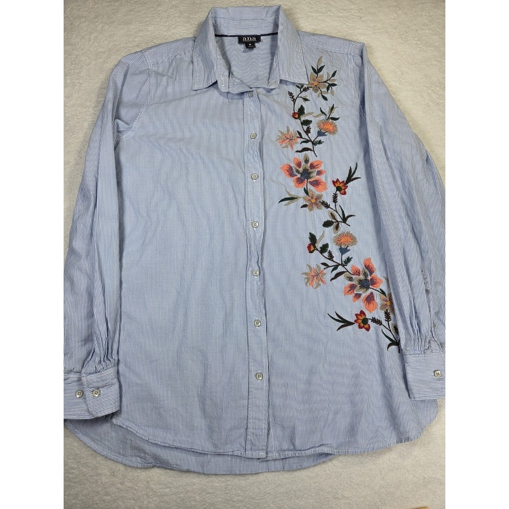 ANA Womens Embroidered Stripe Shirt Medium Floral Button Down Cottagecore...